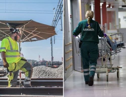 Collage of a nurse in a hospital and a construction worker in the sun.