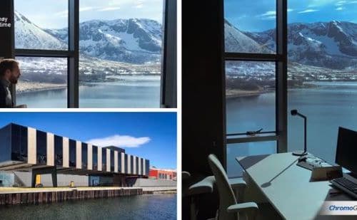 Collage with three pictures of offices with glass from ChromoGenics.