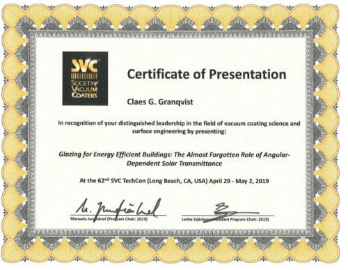 Certification of Presentation for Claes G. Granqvist